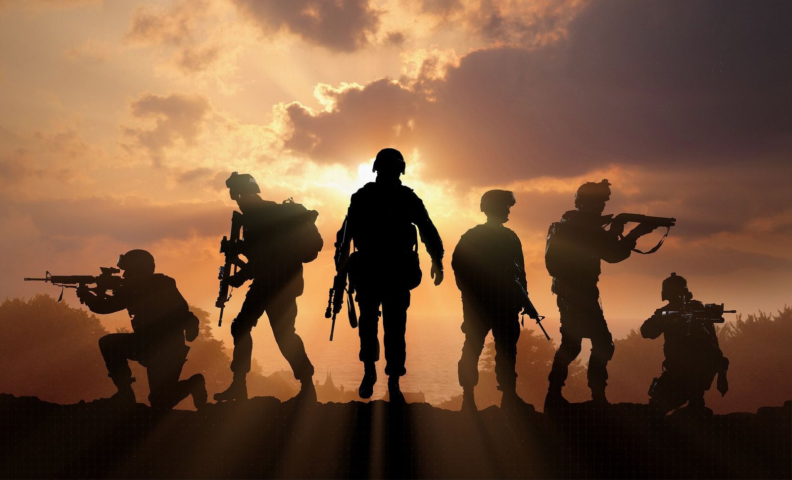 Armed forces personnel deployed at dusk